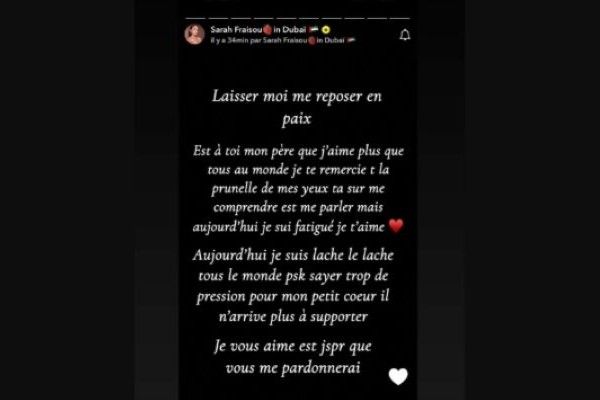 Story Snapchat de Sarah Fraisou qui a semé la panique chez ses fans